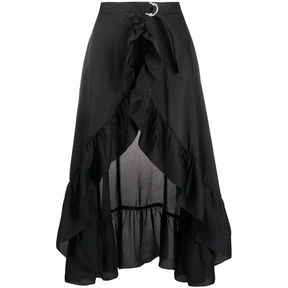 Sandro Black Satin Ruffle Belted Midi Skirt Size 2 - Picture 9 of 11